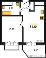 Планировка однокомнатной(квартира) площадью 34.54 квадратных метров в “ЖК ВОСТОК II”