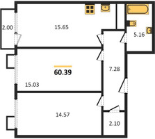 Планировка двухкомнатной(квартира) площадью 60.39 квадратных метров в “ЖК Катуар”
