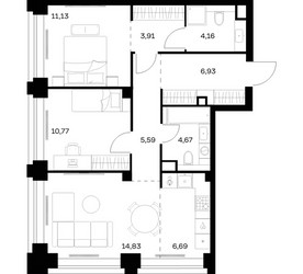 Планировка двухкомнатной(квартира) площадью 68.68 квадратных метров в ЖК “ЖК НОВА”
