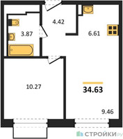 Планировка однокомнатной(квартира) площадью 34.63 квадратных метров в “ЖК Новое Внуково”