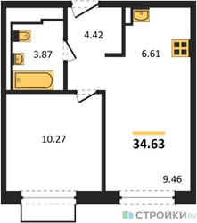 Планировка однокомнатной(квартира) площадью 34.63 квадратных метров в ЖК “ЖК Новое Внуково”
