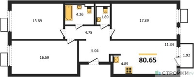 Планировка трехкомнатной(квартира) площадью 80.65 квадратных метров в ЖК “ЖК Горки Парк”