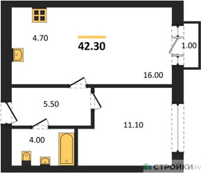 Планировка однокомнатной(квартира) площадью 42.3 квадратных метров в ЖК “ЖК Квартал Метроном”