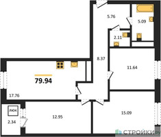 Планировка трехкомнатной(квартира) площадью 79.94 квадратных метров в “Ласточкино”
