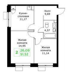 Планировка двухкомнатной(квартира) площадью 51.52 квадратных метров в ЖК “ЖК КИТ 2”
