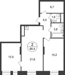 Планировка двухкомнатной(квартира) площадью 66.4 квадратных метров в ЖК “ЖК Первый Московский”