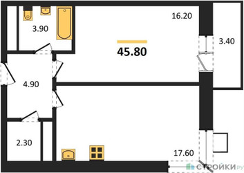 Планировка однокомнатной(квартира) площадью 44.5 квадратных метров в ЖК “ЖК Идеал”