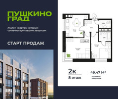 Планировка двухкомнатной(квартира) площадью 49.47 квадратных метров в “ЖК Пушкино Град”