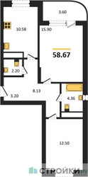 Планировка двухкомнатной(квартира) площадью 58.67 квадратных метров в ЖК “Ласточкино”