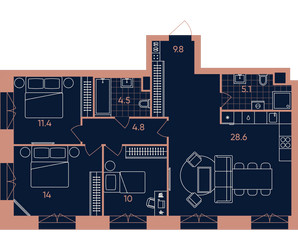 Планировка 4+ комнатной(квартира) площадью 88.2 квадратных метров в ЖК “Квартал Эра”