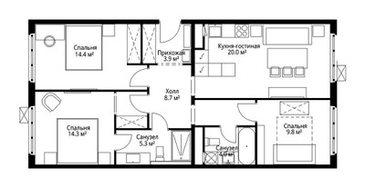 Планировка трехкомнатной(квартира) площадью 80.4 квадратных метров в ЖК “ЖК Эко Видное 2.0”