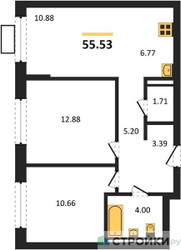 Планировка двухкомнатной(квартира) площадью 55.53 квадратных метров в ЖК “ЖК Прибрежный Парк”