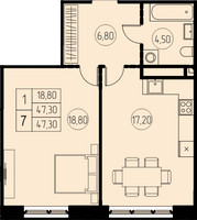 Планировка однокомнатной(квартира) площадью 47.3 квадратных метров в “ЖК 7 Небо (Седьмое Небо)”