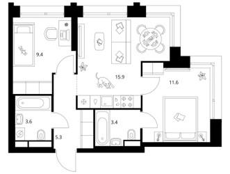 Планировка двухкомнатной(квартира) площадью 49.2 квадратных метров в ЖК “ЖК Строгино 360”