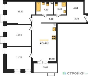 Планировка трехкомнатной(квартира) площадью 78.4 квадратных метров в ЖК “ЖК Деснаречье”