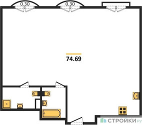Планировка двухкомнатной(квартира) площадью 74.69 квадратных метров в ЖК “ЖК Дом Достижение”