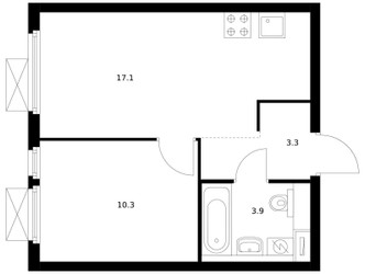 Планировка однокомнатной(квартира) площадью 35.3 квадратных метров в ЖК “ЖК Мичуринский Парк”