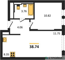 Планировка однокомнатной(квартира) площадью 38.74 квадратных метров в “ЖК Остафьево”