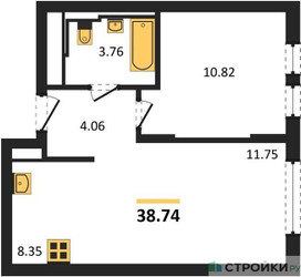 Планировка однокомнатной(квартира) площадью 38.74 квадратных метров в ЖК “ЖК Остафьево”