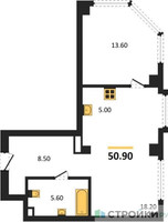 Планировка однокомнатной(квартира) площадью 50.9 квадратных метров в “ЖК АУРА”