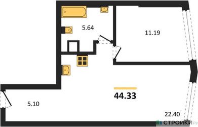 Планировка однокомнатной(квартира) площадью 44.33 квадратных метров в ЖК “УНО Горбунова”