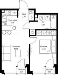 Планировка однокомнатной(квартира) площадью 41.58 квадратных метров в ЖК “ЖК СЕТ”