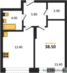 Планировка однокомнатной(квартира) площадью 38.5 квадратных метров в ЖК “ЖК Переделкино Ближнее”
