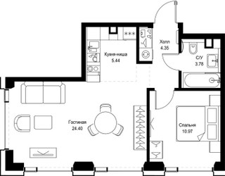 Планировка однокомнатной(квартира) площадью 48.94 квадратных метров в ЖК “ЖК СЕТ”