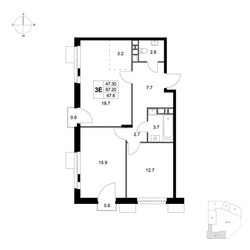 Планировка трехкомнатной(квартира) площадью 67.6 квадратных метров в ЖК “ЖК Легенда Марусино”