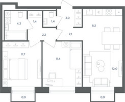 Планировка трехкомнатной(квартира) площадью 58.3 квадратных метров в “ЖК Равновесие”