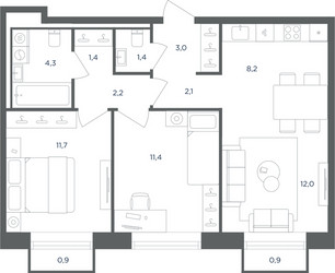 Планировка трехкомнатной(квартира) площадью 58.3 квадратных метров в ЖК “ЖК Равновесие”