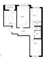 Планировка трехкомнатной(квартира) площадью 83.7 квадратных метров в “ЖК 1-й Саларьевский (Первый Саларьевский)”