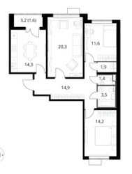 Планировка трехкомнатной(квартира) площадью 83.7 квадратных метров в ЖК “ЖК 1-й Саларьевский (Первый Саларьевский)”