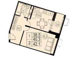 Планировка однокомнатной(квартира) площадью 40.3 квадратных метров в “ЖК Ривер-Парк”