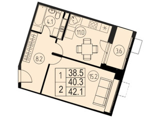 Планировка однокомнатной(квартира) площадью 40.3 квадратных метров в ЖК “ЖК Ривер-Парк”