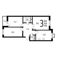 Планировка трехкомнатной(квартира) площадью 77.8 квадратных метров в “Новые Ватутинки. Заречный”