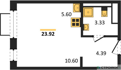 Планировка студии(квартира) площадью 23.92 квадратных метров в ЖК “ЖК Новое Видное”