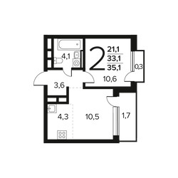 Планировка двухкомнатной(квартира) площадью 35.1 квадратных метров в ЖК “Новые Ватутинки. Заречный”