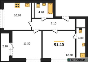 Планировка двухкомнатной(квартира) площадью 51.4 квадратных метров в “ЖК Дзен-кварталы”
