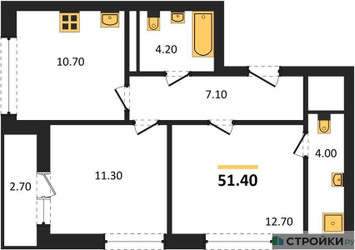 Планировка двухкомнатной(квартира) площадью 51.4 квадратных метров в ЖК “ЖК Дзен-кварталы”