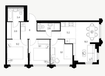 Планировка трехкомнатной(квартира) площадью 69.3 квадратных метров в ЖК “ЖК Бусиновский парк”