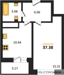 Планировка однокомнатной(квартира) площадью 37.38 квадратных метров в ЖК “ЖК ВОСТОК II”