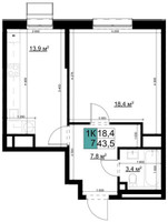 Планировка однокомнатной(квартира) площадью 43.6 квадратных метров в “ЖК Одинцово Сити”