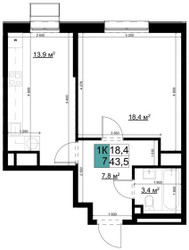 Планировка однокомнатной(квартира) площадью 43.6 квадратных метров в ЖК “ЖК Одинцово Сити”