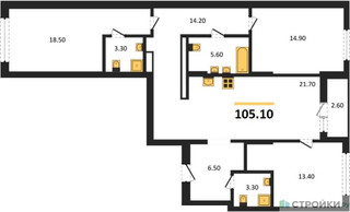 Планировка трехкомнатной(квартира) площадью 105.1 квадратных метров в “ЖК Первый квартал”