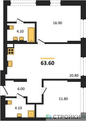 Планировка двухкомнатной(квартира) площадью 63.6 квадратных метров в ЖК “ЖК Первый квартал”