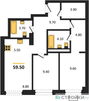 Планировка двухкомнатной(квартира) площадью 59.5 квадратных метров в “ЖК Новые смыслы”