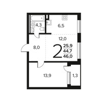 Планировка двухкомнатной(квартира) площадью 46 квадратных метров в “Новые Ватутинки. Заречный”