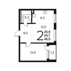 Планировка двухкомнатной(квартира) площадью 46 квадратных метров в ЖК “Новые Ватутинки. Заречный”