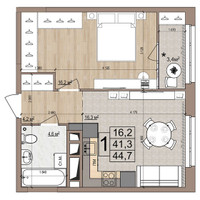 Планировка однокомнатной(квартира) площадью 44.7 квадратных метров в “ЖК Гранд Комфорт”